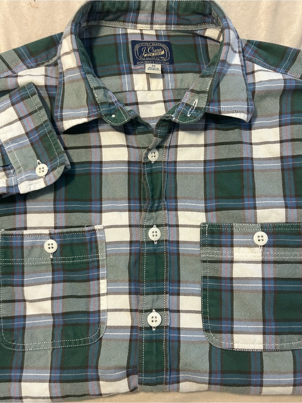 JCrew Men M Plaid Flannel Shirt Green Blue Sportsmans Outfitter Button Down Long